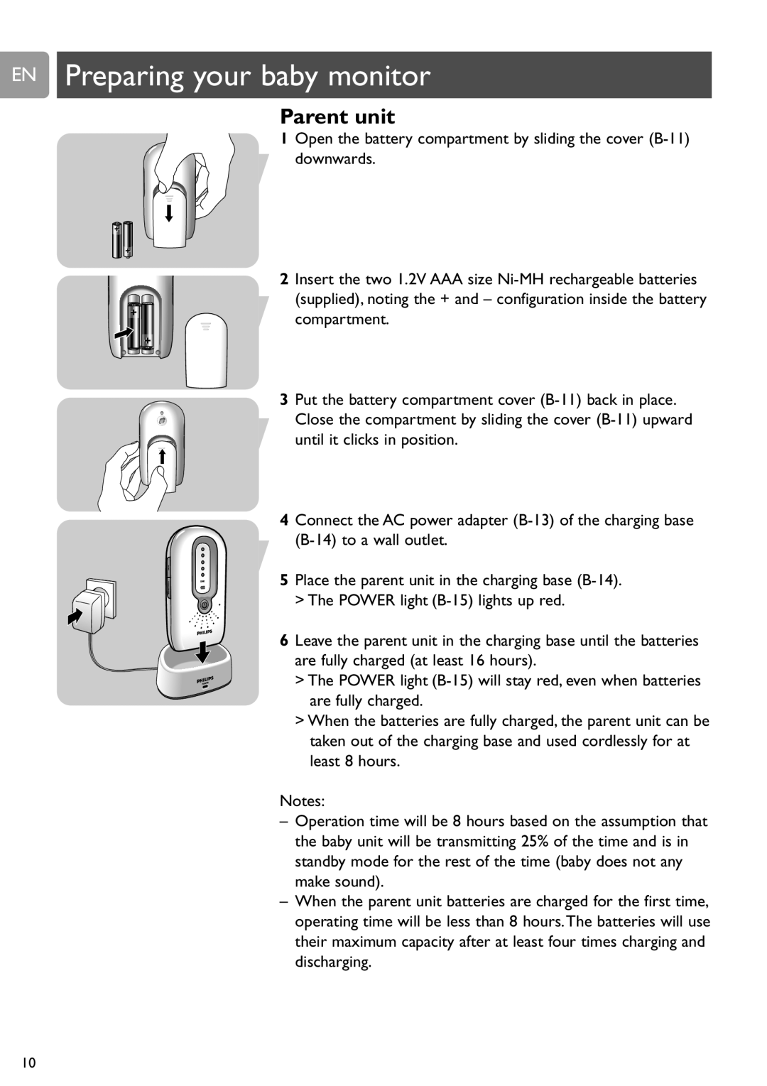 Philips SCD588/54 user manual EN Preparing your baby monitor, Parent unit 