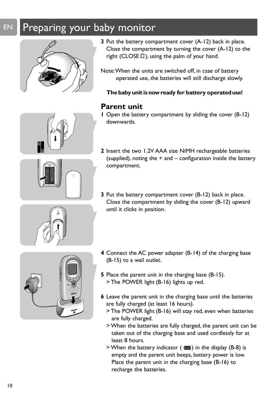 Philips SCD589 user manual EN Preparing your baby monitor, Baby unit is now ready for battery operateduse 