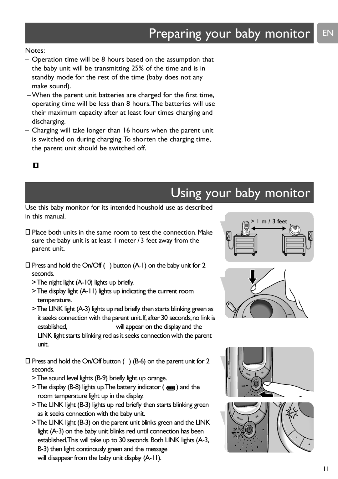 Philips SCD589 user manual Preparing your baby monitor EN, Using your baby monitor, Parent unit is now ready for use 