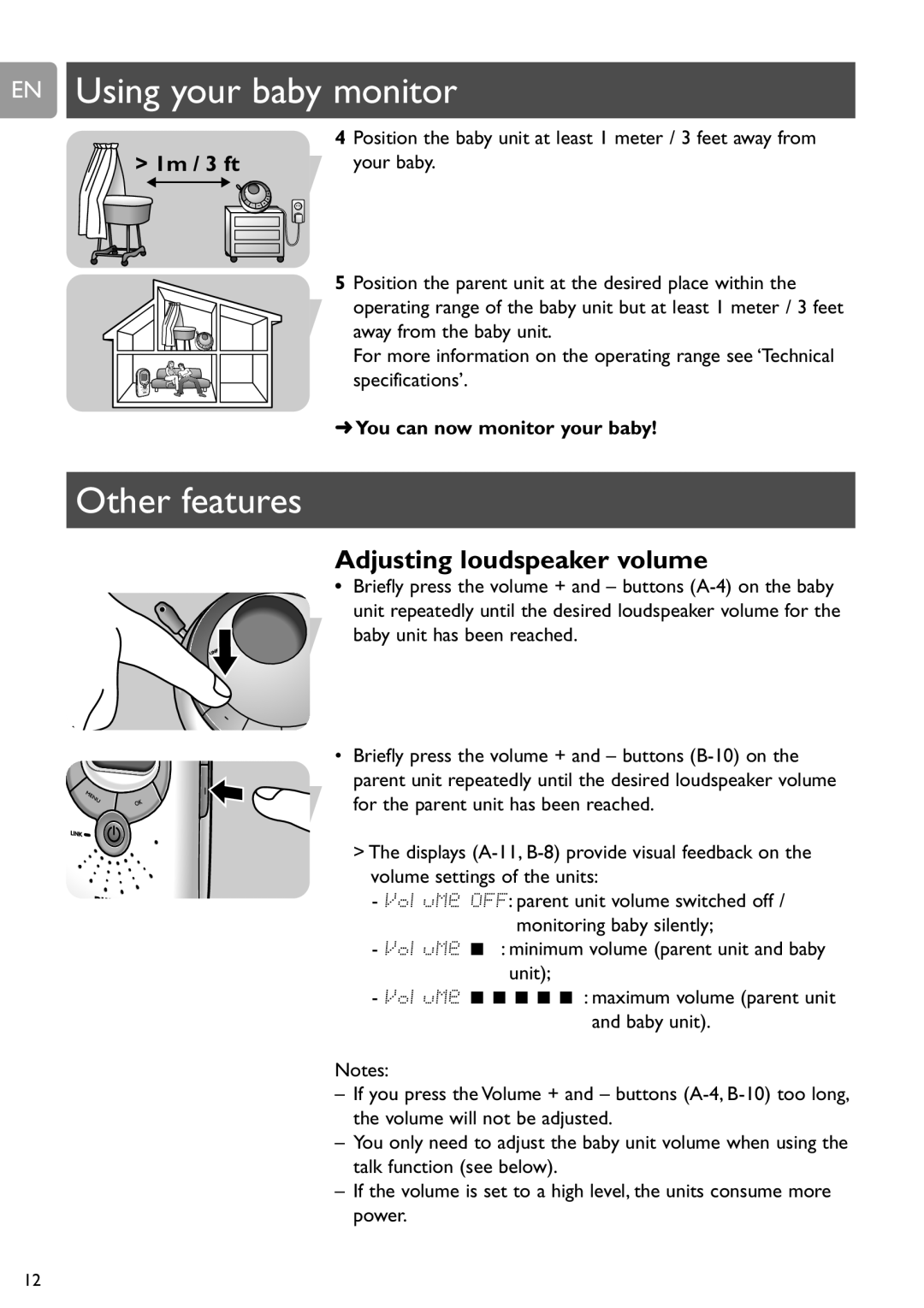 Philips SCD589 user manual EN Using your baby monitor, Other features, Adjusting loudspeaker volume, Your baby 