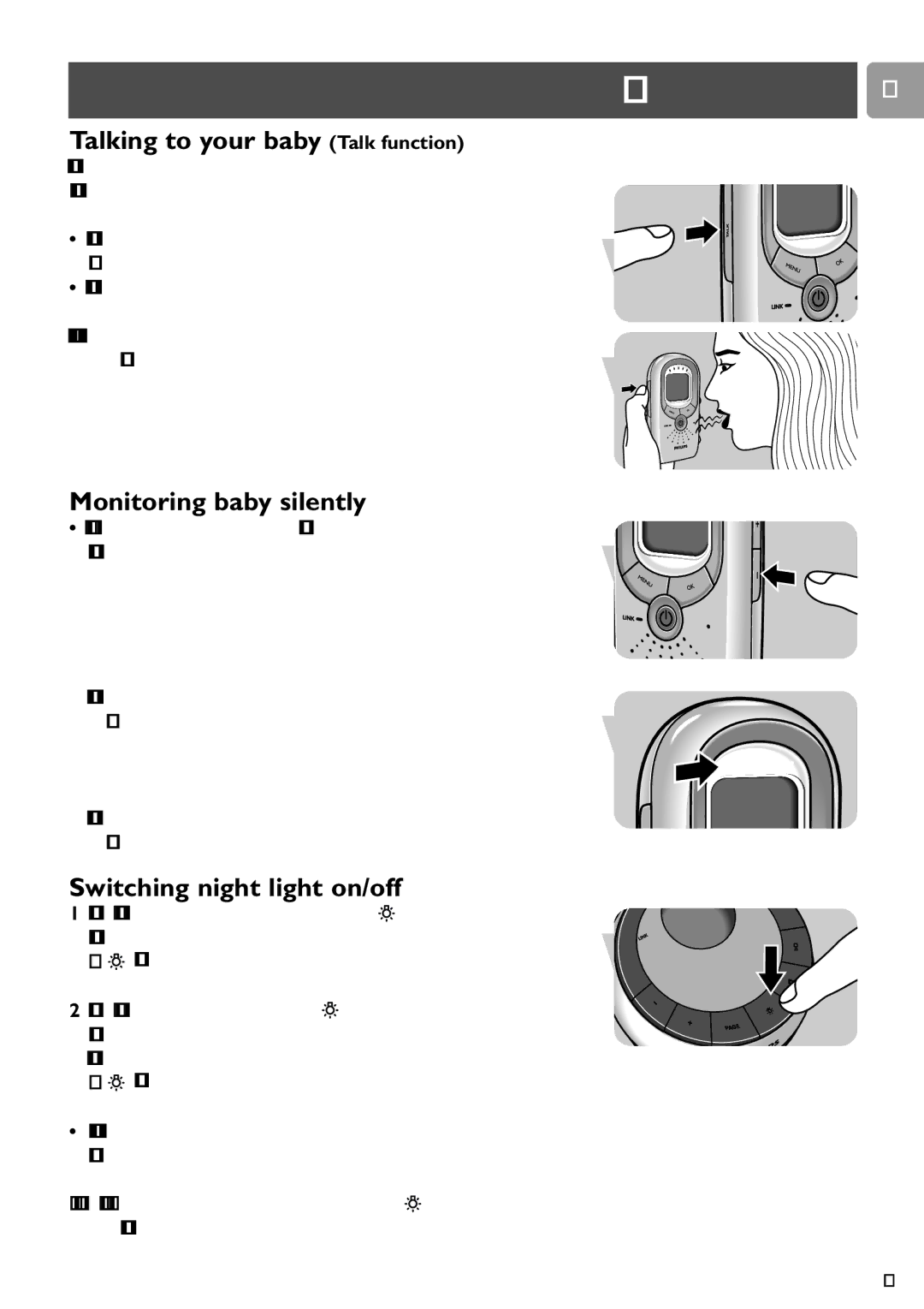 Philips SCD589 user manual Other features EN, Talking to your baby Talk function, Monitoring baby silently 