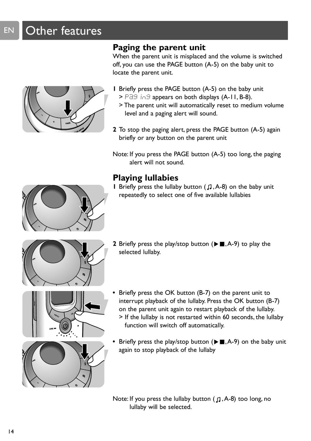 Philips SCD589 user manual EN Other features, Paging the parent unit, Playing lullabies 