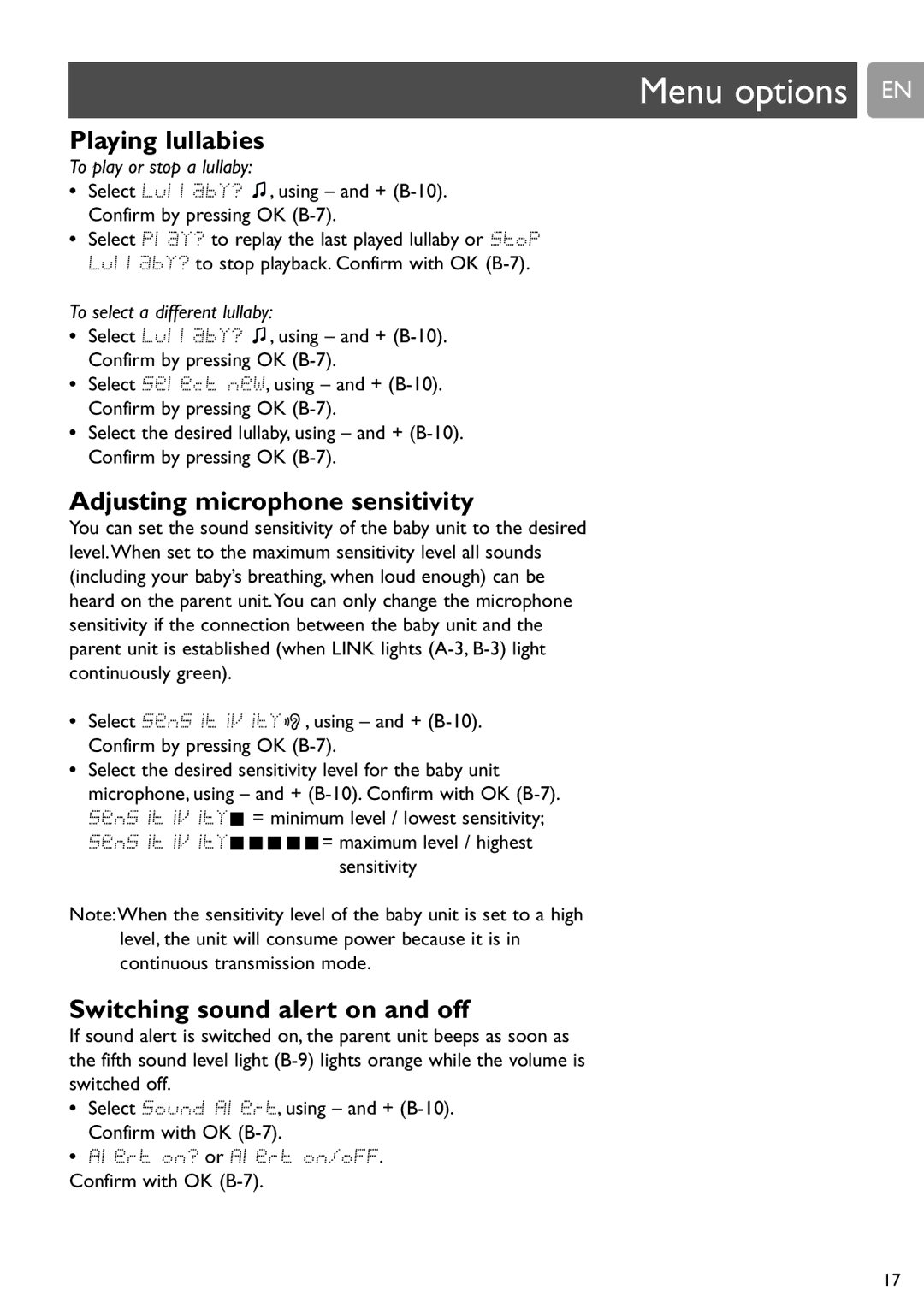 Philips SCD589 user manual Menu options EN, Adjusting microphone sensitivity, Switching sound alert on and off 