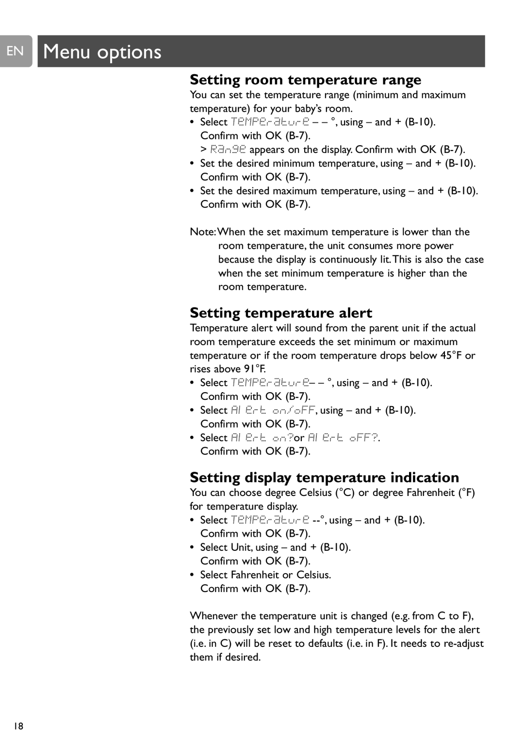 Philips SCD589 Setting room temperature range, Setting temperature alert, Setting display temperature indication 