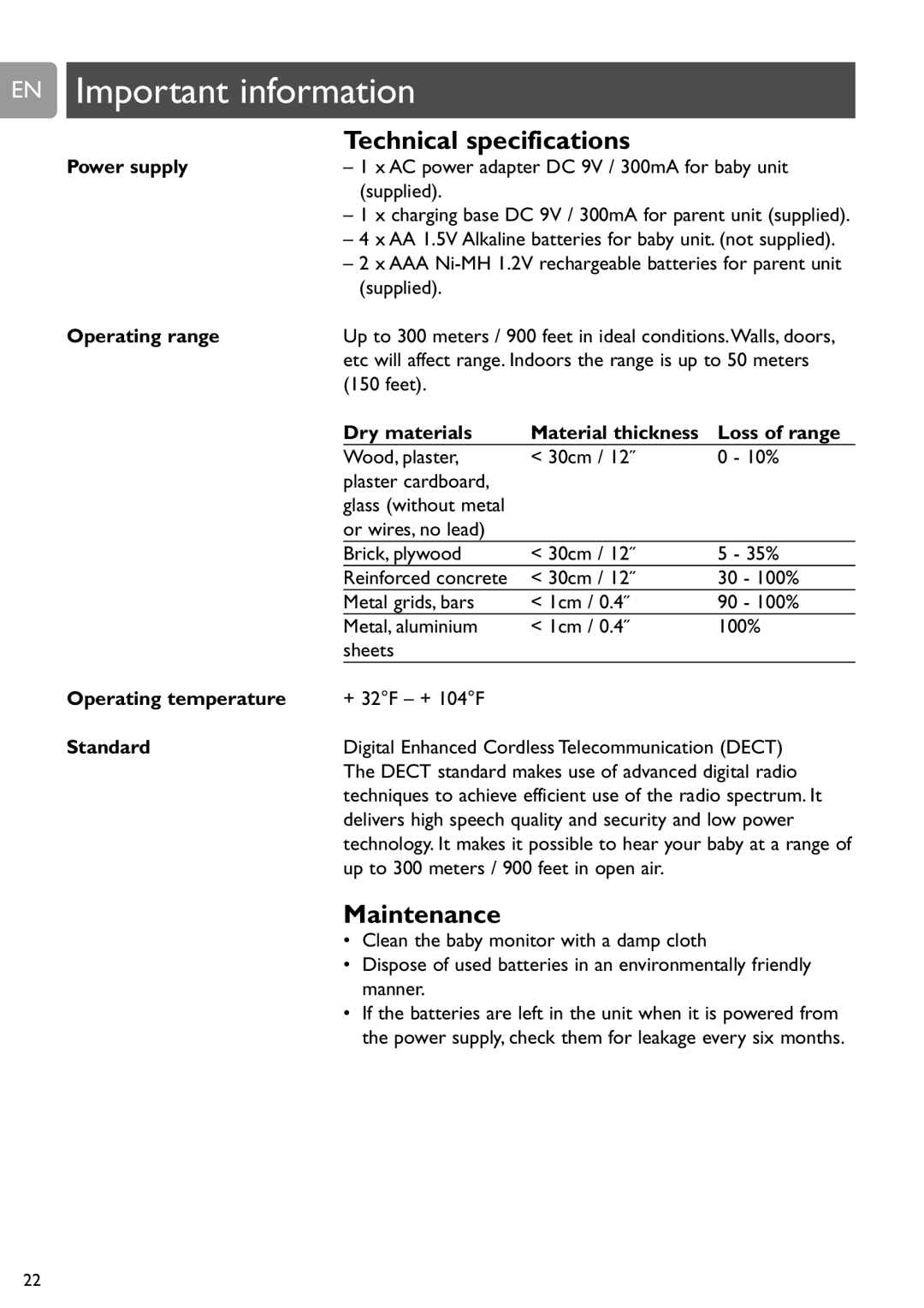 Philips SCD589 user manual EN Important information, Technical specifications, Maintenance 