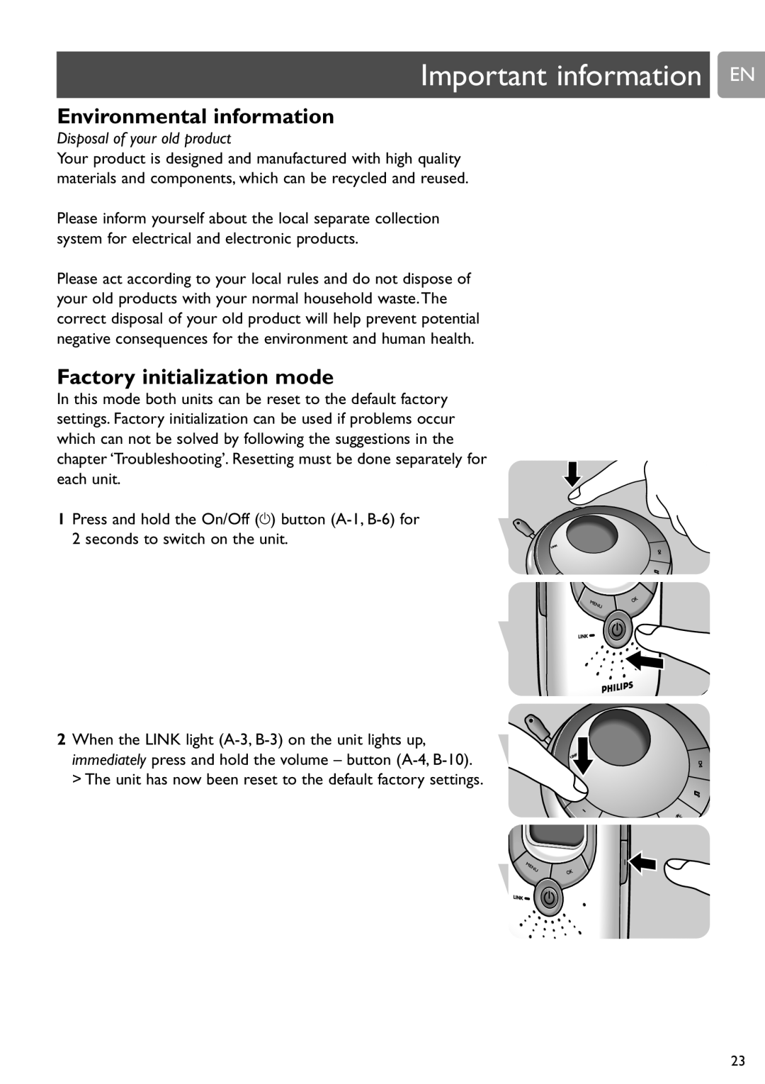 Philips SCD589 user manual Important information EN, Environmental information, Factory initialization mode 