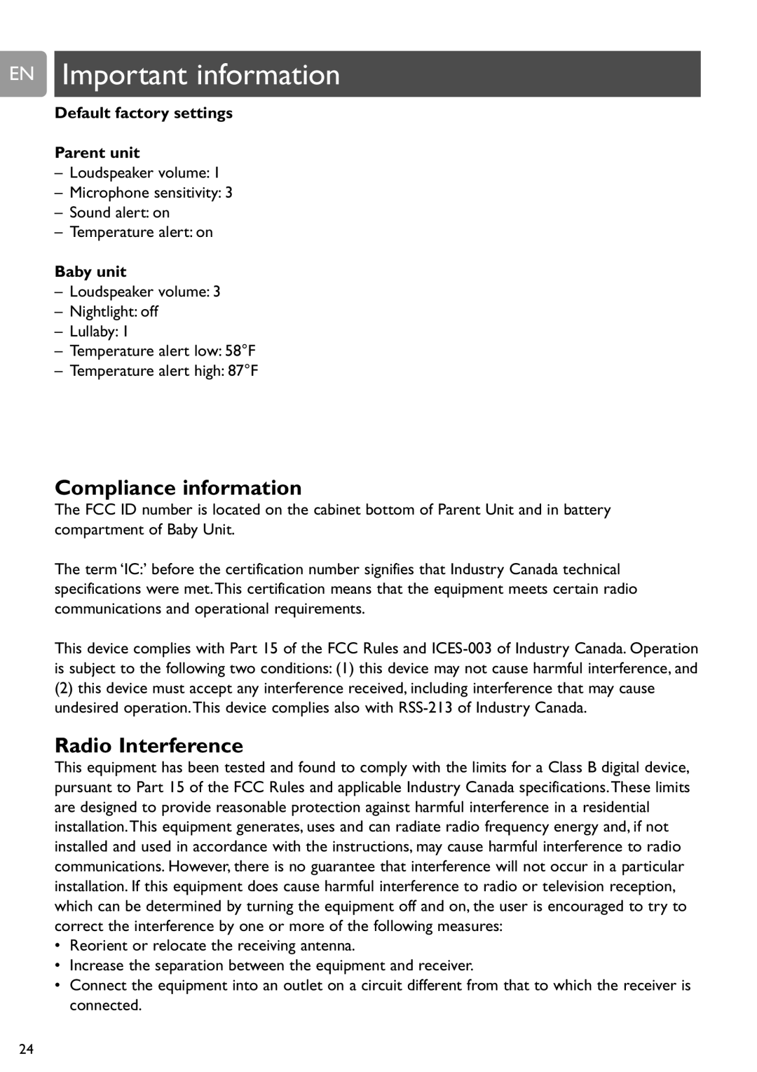 Philips SCD589 user manual Compliance information, Radio Interference, Default factory settings Parent unit, Baby unit 