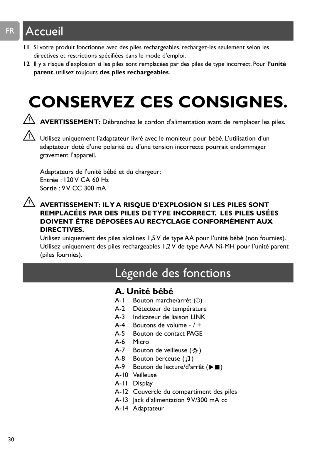 Philips SCD589 user manual Légende des fonctions, Unité bébé 