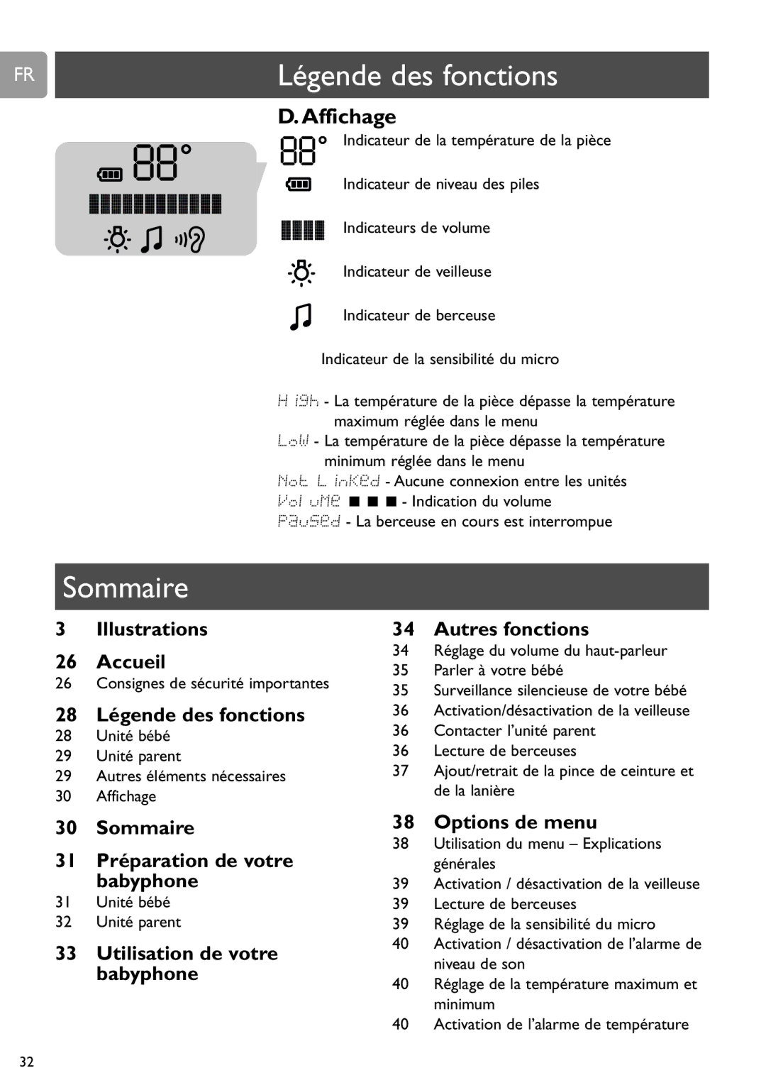 Philips SCD589 user manual Sommaire, Affichage, Consignes de sécurité importantes, Unité bébé Unité parent 