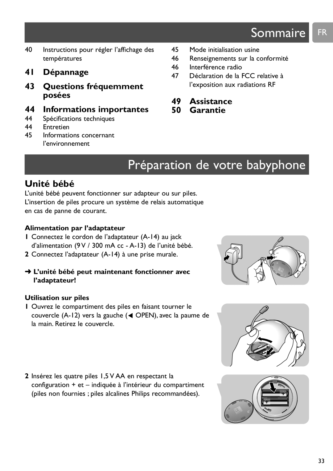 Philips SCD589 Sommaire FR, Préparation de votre babyphone, Instructions pour régler l’affichage des températures 