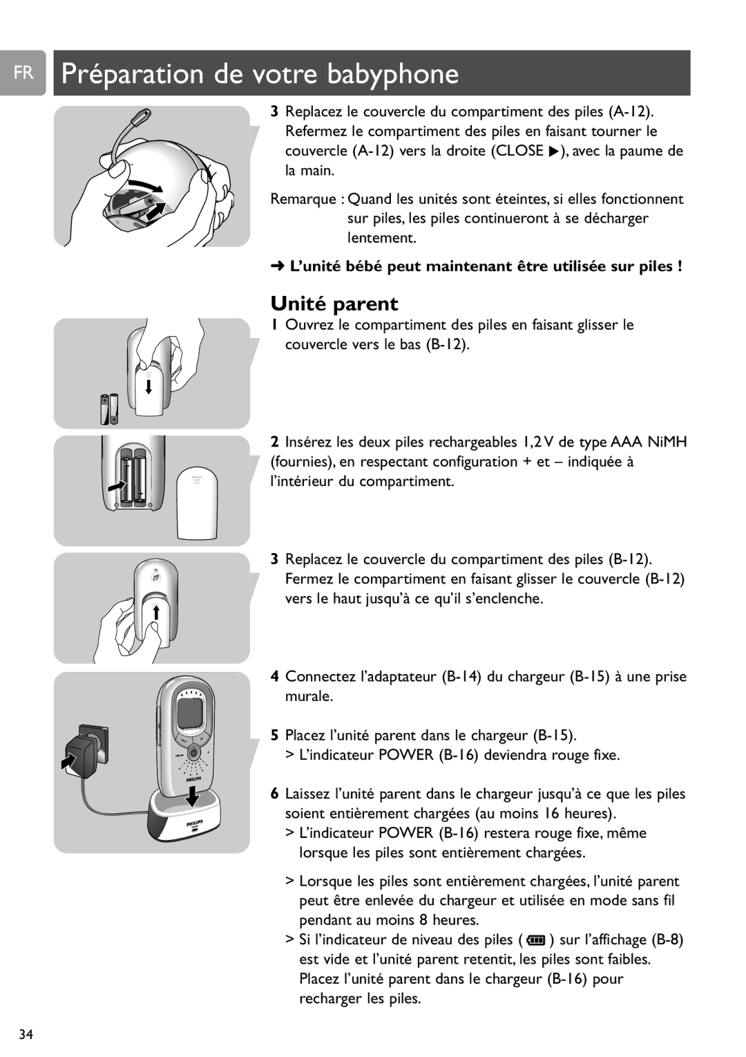 Philips SCD589 user manual FR Préparation de votre babyphone, ’unité bébé peut maintenant être utilisée sur piles 