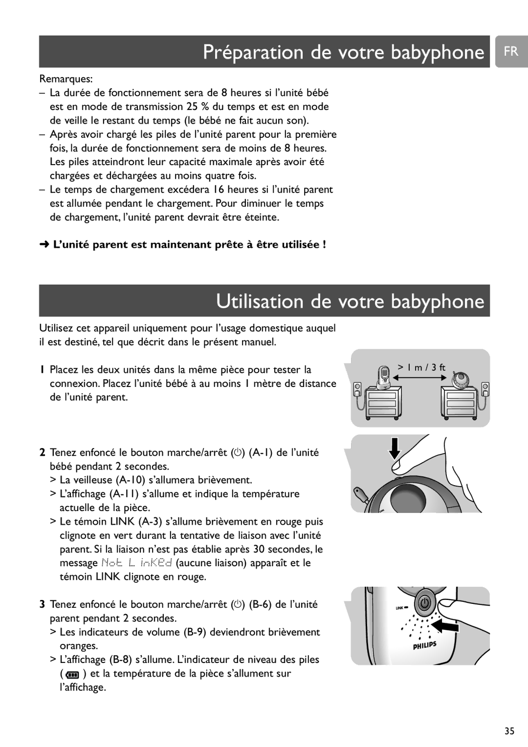 Philips SCD589 user manual Préparation de votre babyphone FR, Utilisation de votre babyphone, Remarques 