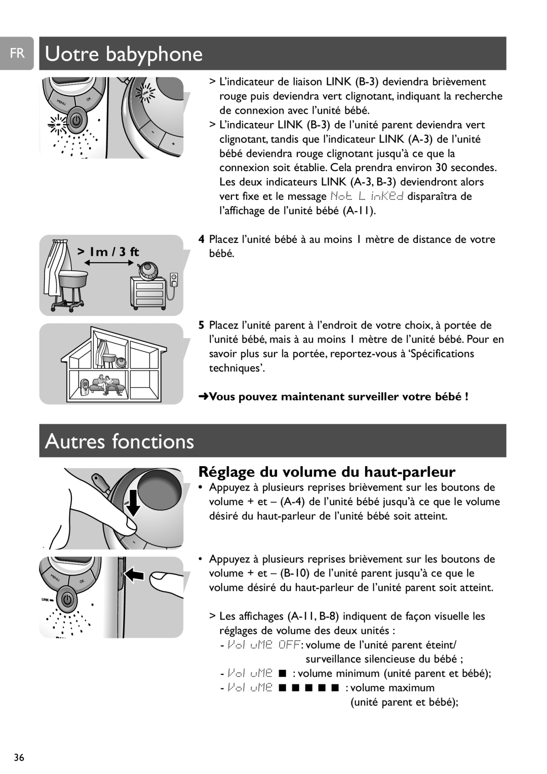 Philips SCD589 user manual FR Uotre babyphone, Autres fonctions, Réglage du volume du haut-parleur 