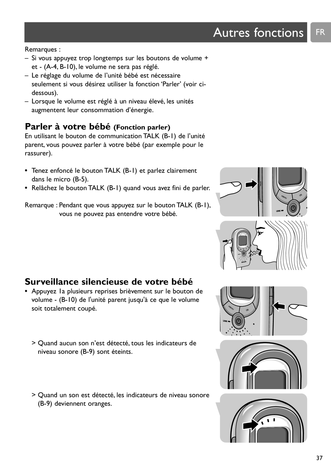 Philips SCD589 user manual Autres fonctions FR, Parler à votre bébé Fonction parler, Surveillance silencieuse de votre bébé 