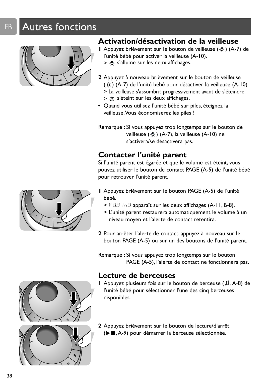 Philips SCD589 user manual FR Autres fonctions, Activation/désactivation de la veilleuse, Contacter l’unité parent 