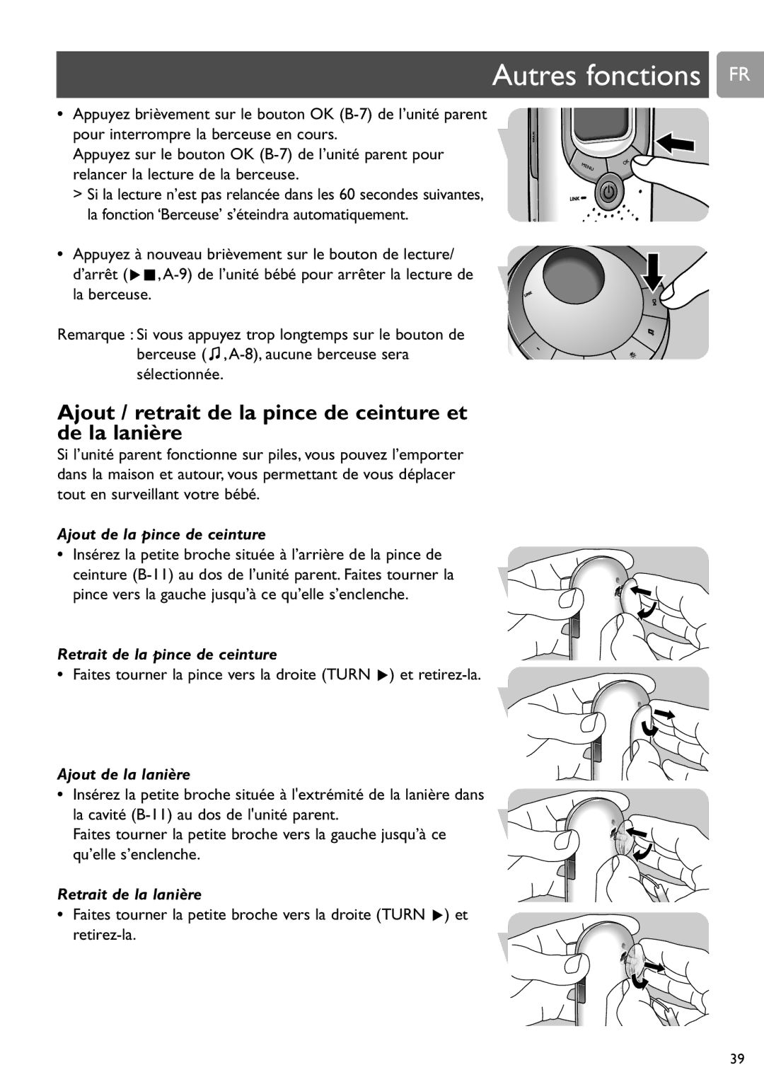 Philips SCD589 user manual Ajout / retrait de la pince de ceinture et de la lanière 