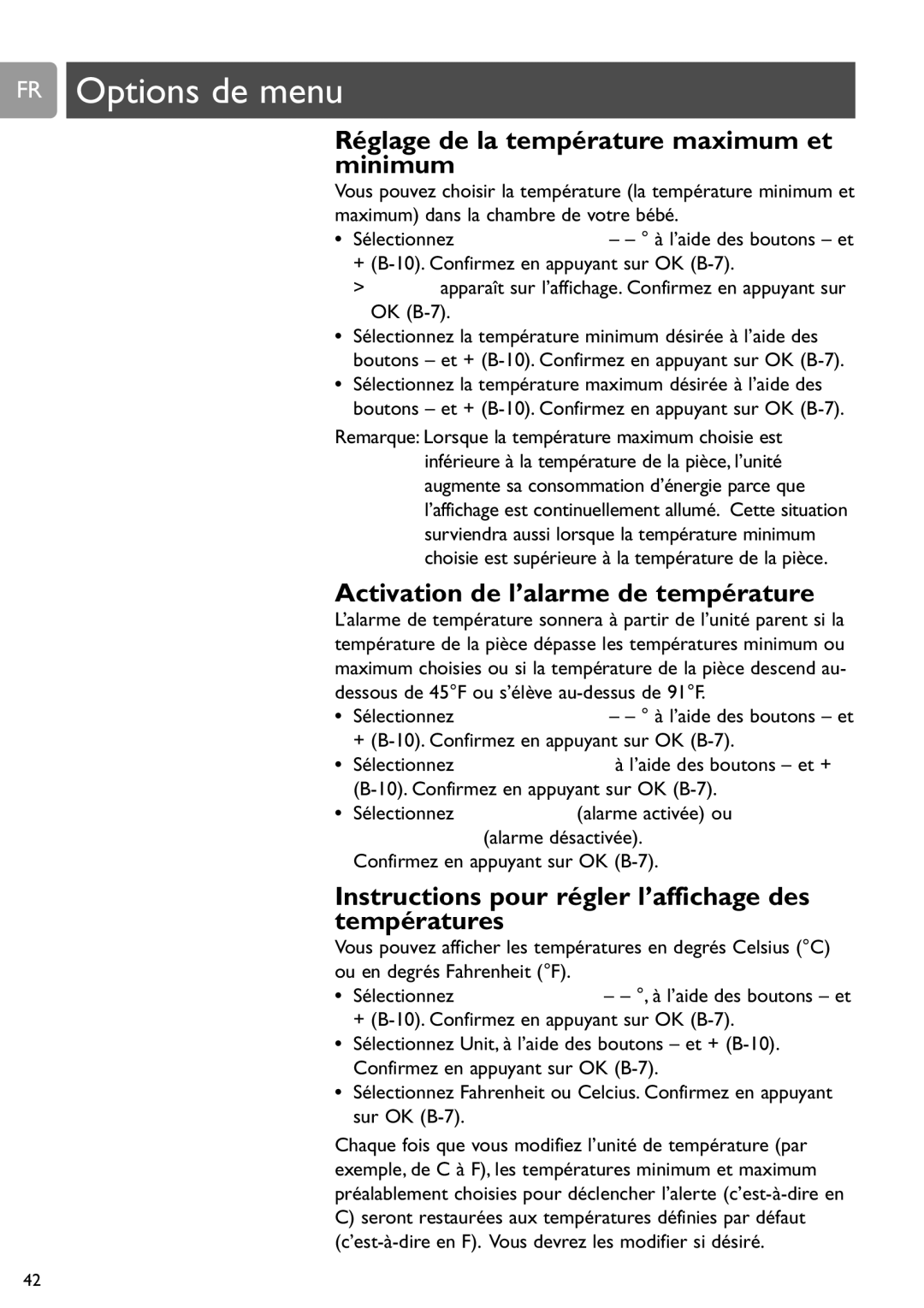 Philips SCD589 user manual Réglage de la température maximum et minimum, Activation de l’alarme de température 