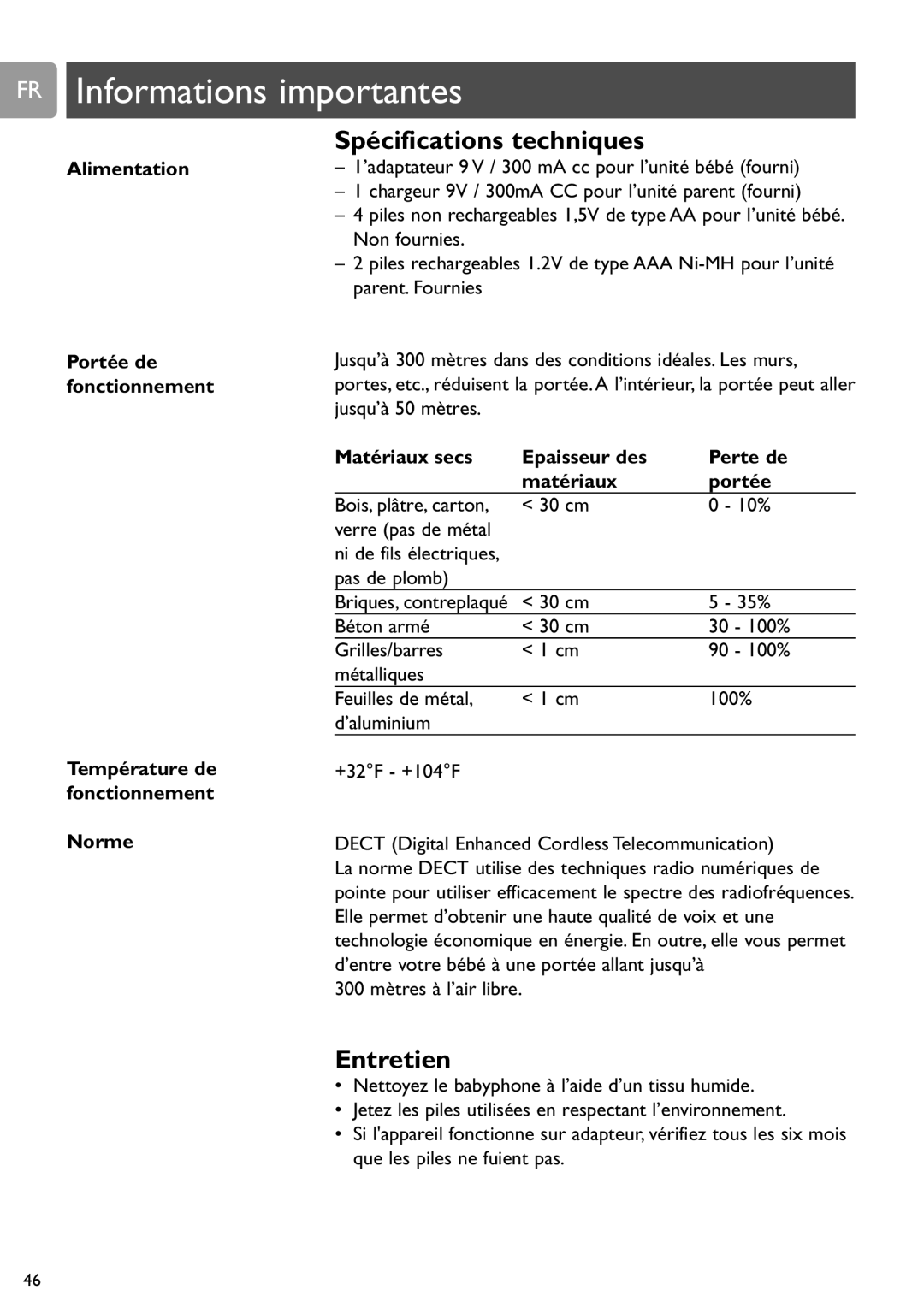 Philips SCD589 user manual FR Informations importantes, Spécifications techniques, Entretien, Alimentation 