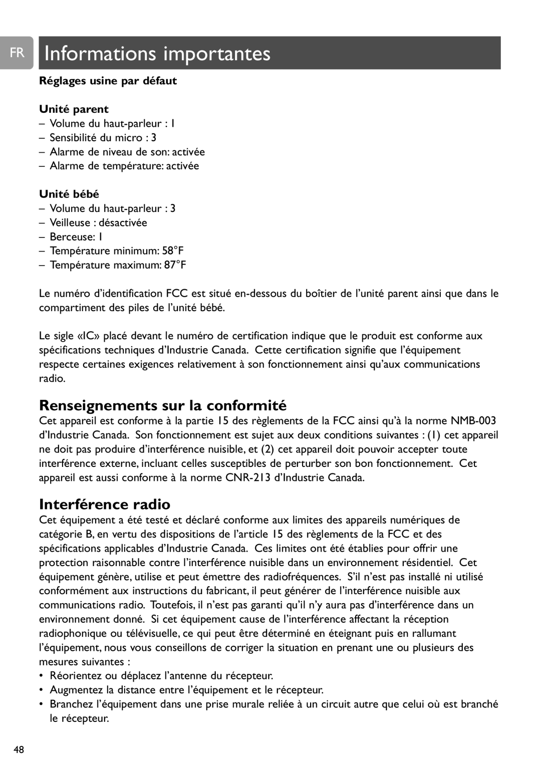 Philips SCD589 Renseignements sur la conformité, Interférence radio, Réglages usine par défaut Unité parent, Unité bébé 