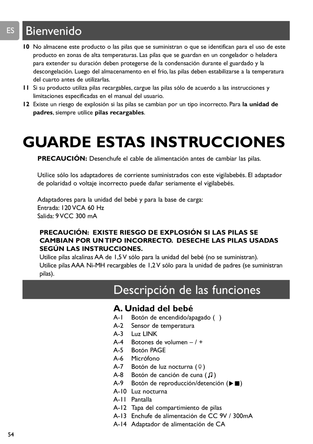 Philips SCD589 user manual Descripción de las funciones, Unidad del bebé 