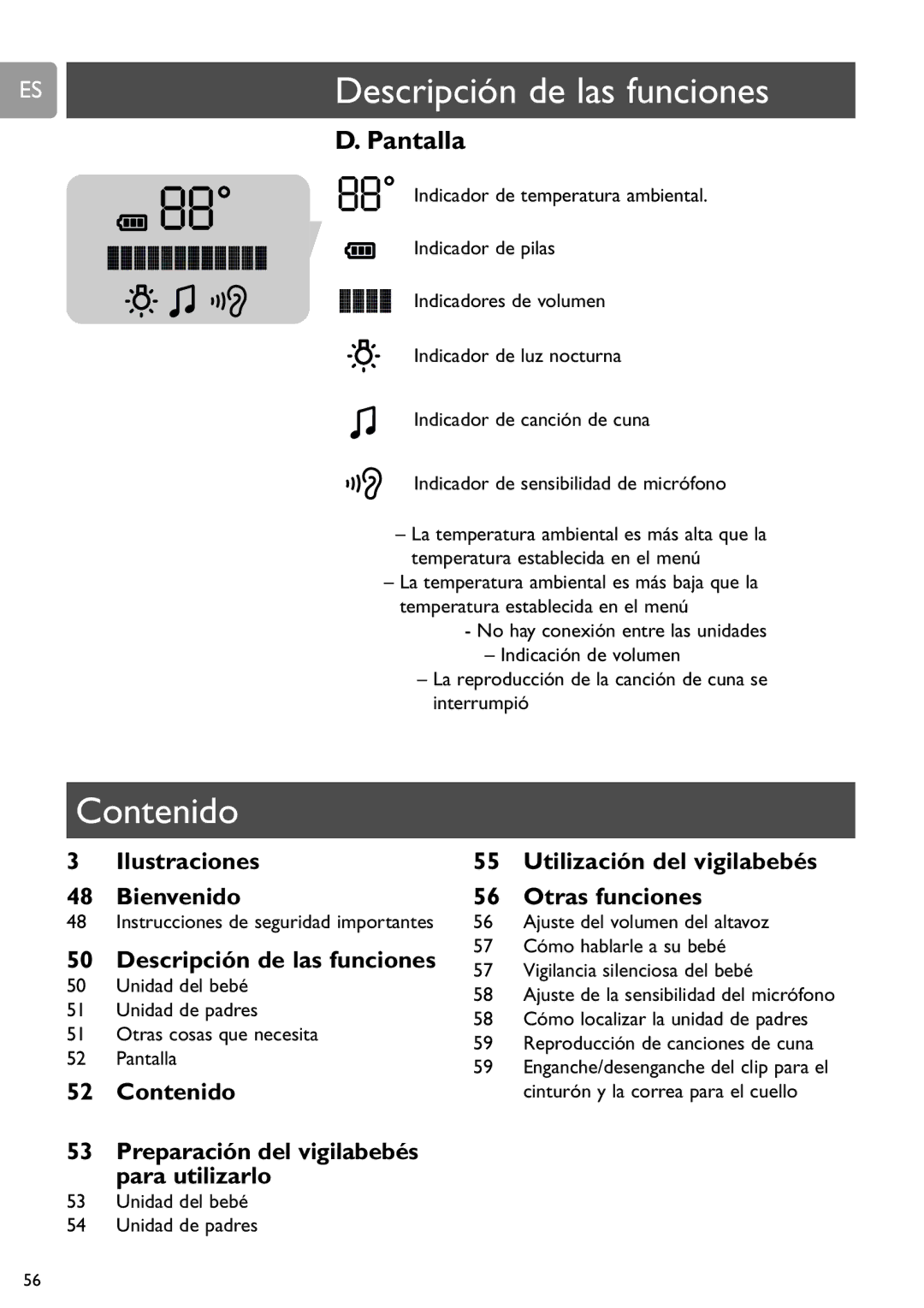 Philips SCD589 user manual ESDescripción de las funciones, Contenido, Pantalla, Instrucciones de seguridad importantes 