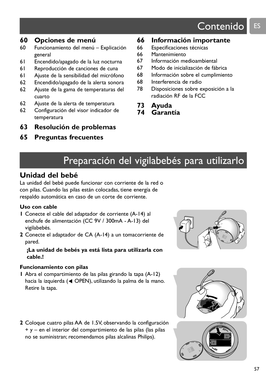 Philips SCD589 user manual Contenido ES, Preparación del vigilabebés para utilizarlo, Uso con cable 