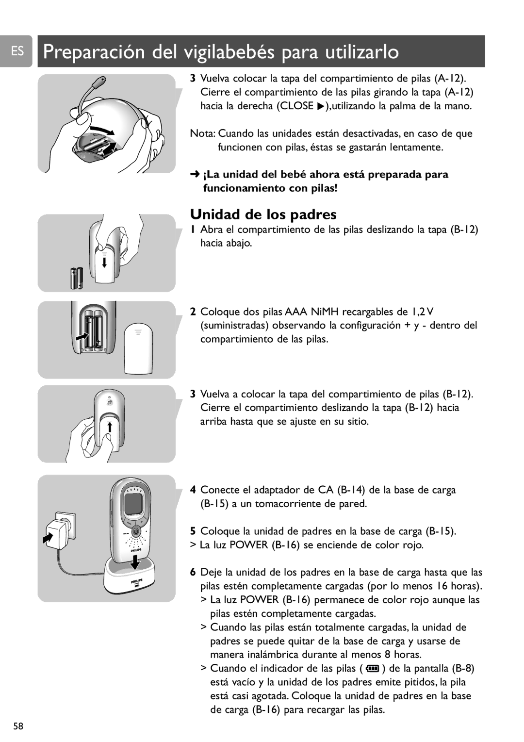 Philips SCD589 user manual ES Preparación del vigilabebés para utilizarlo, Unidad de los padres 