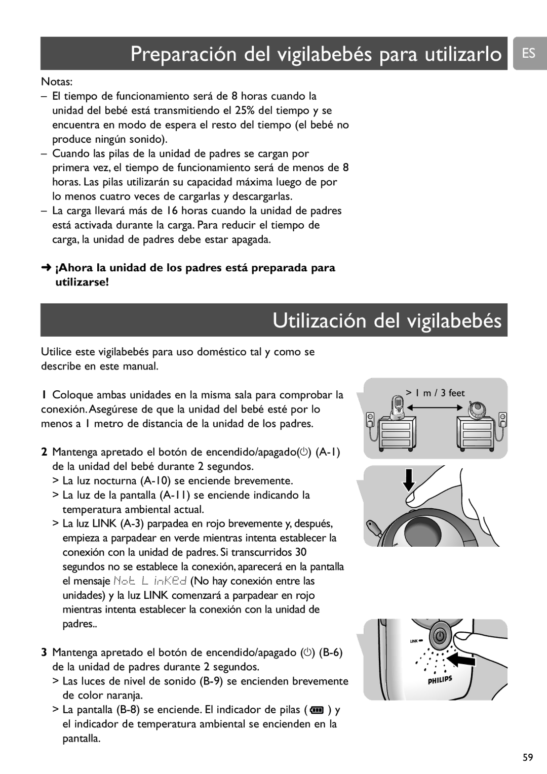 Philips SCD589 user manual Preparación del vigilabebés para utilizarlo ES, Utilización del vigilabebés 