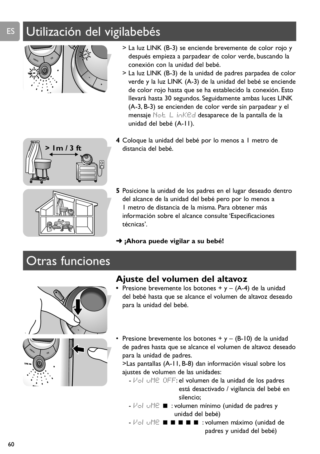 Philips SCD589 user manual ES Utilización del vigilabebés, Otras funciones, Ajuste del volumen del altavoz 