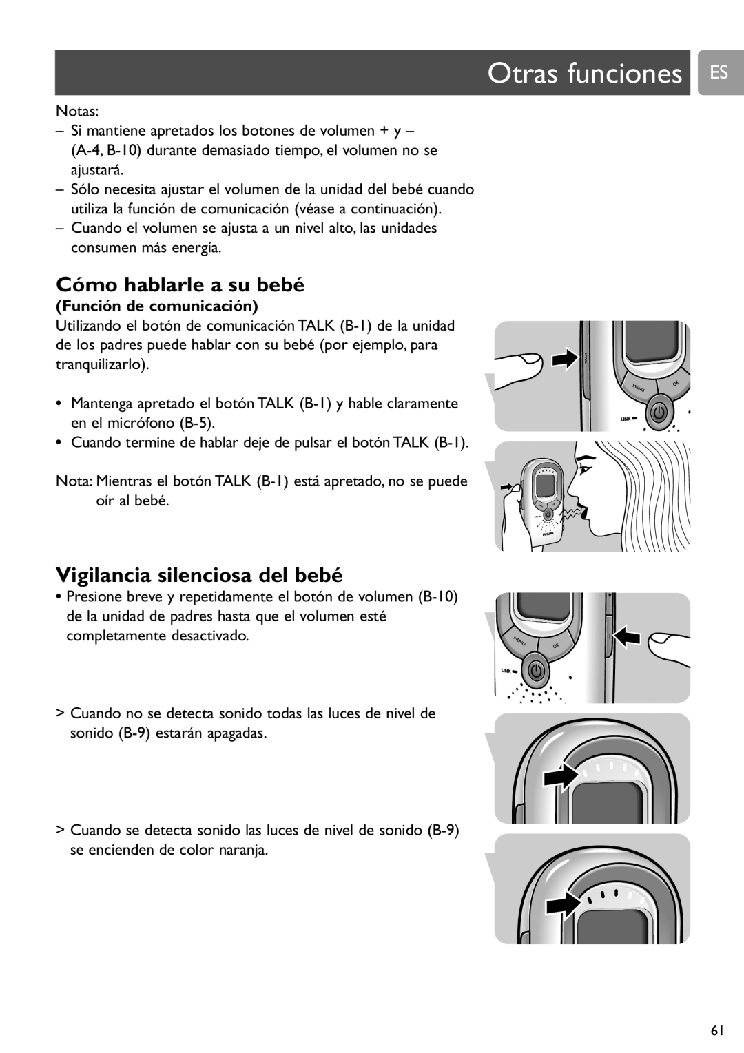 Philips SCD589 Otras funciones ES, Cómo hablarle a su bebé, Vigilancia silenciosa del bebé, Función de comunicación 