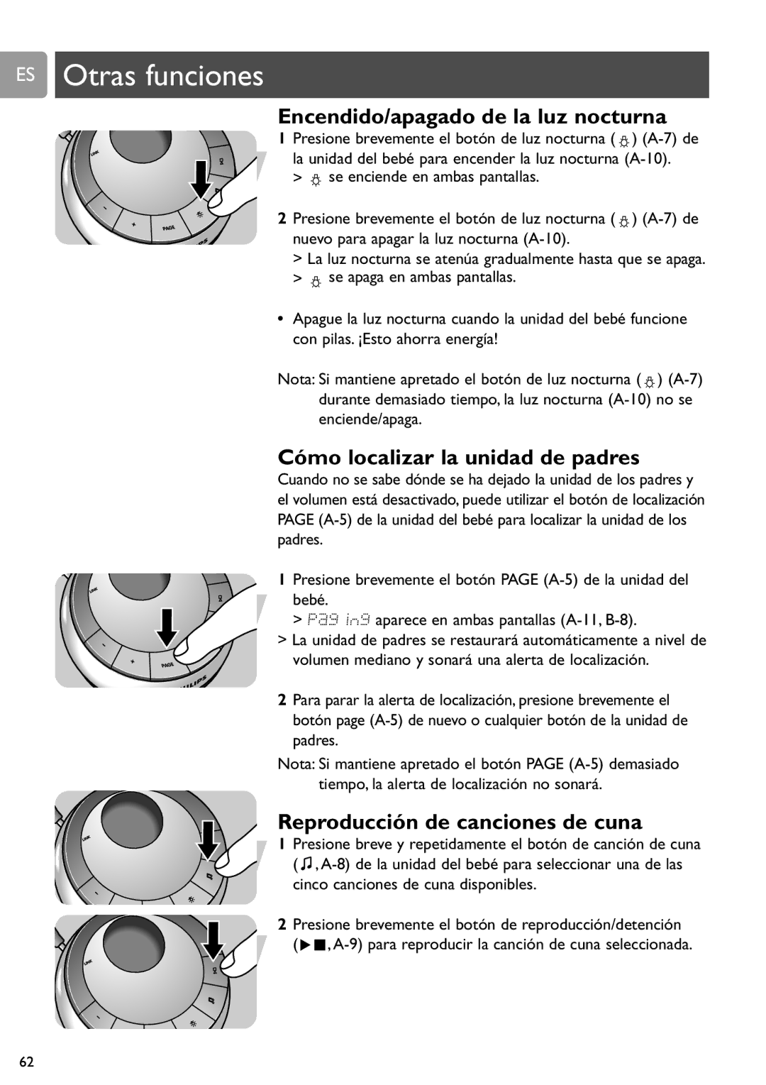 Philips SCD589 user manual ES Otras funciones, Encendido/apagado de la luz nocturna, Cómo localizar la unidad de padres 