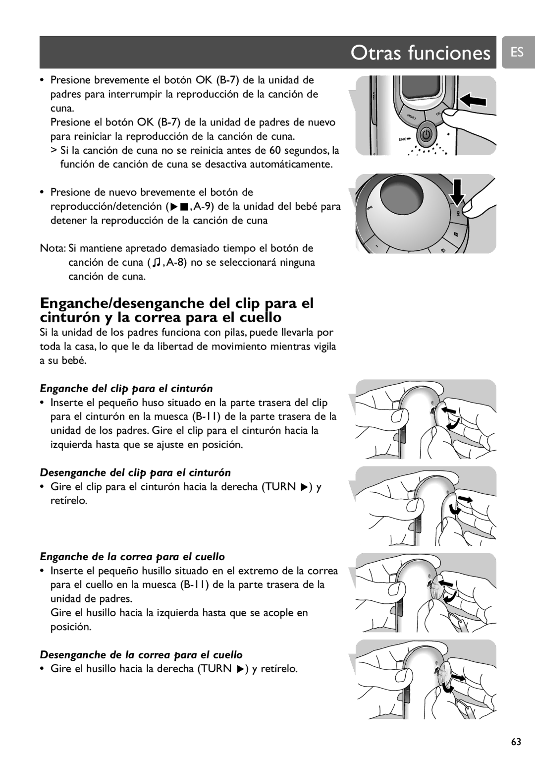 Philips SCD589 user manual Enganche del clip para el cinturón, Gire el husillo hacia la derecha Turn B y retírelo 