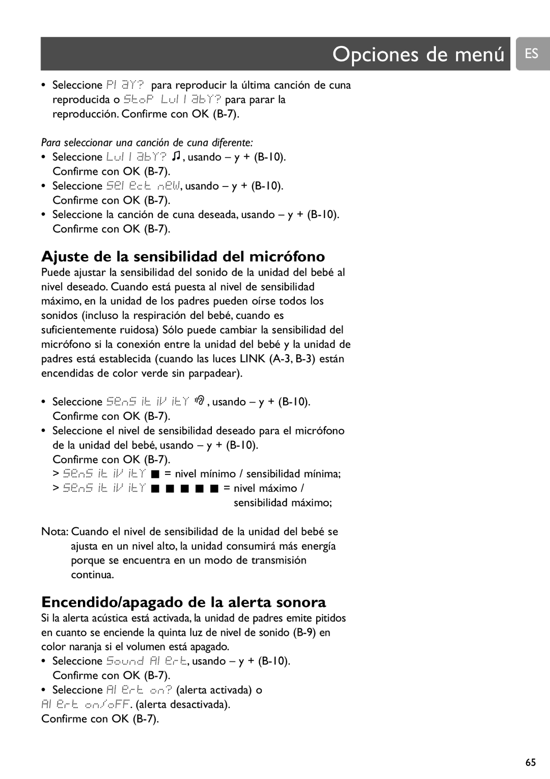 Philips SCD589 Opciones de menú ES, Ajuste de la sensibilidad del micrófono, Encendido/apagado de la alerta sonora 