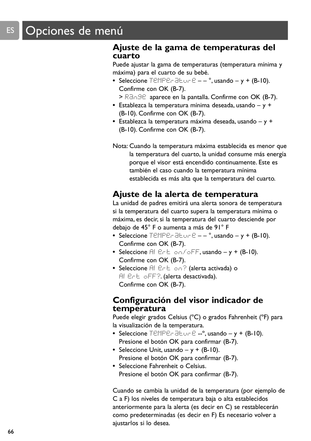 Philips SCD589 user manual Ajuste de la gama de temperaturas del cuarto, Ajuste de la alerta de temperatura 