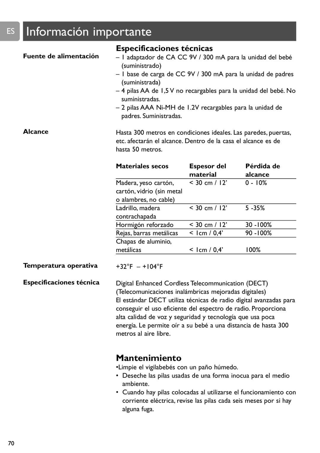 Philips SCD589 user manual ES Información importante, Mantenimiento, Fuente de alimentación, Alcance 