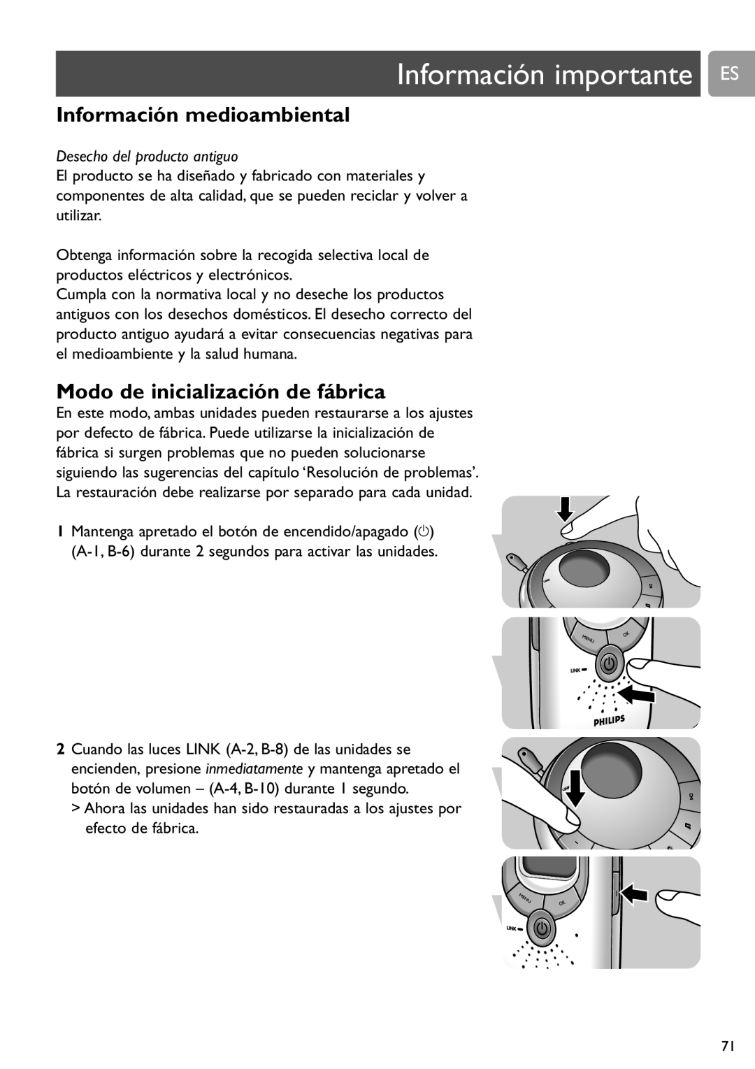 Philips SCD589 user manual Información importante ES, Información medioambiental, Modo de inicialización de fábrica 