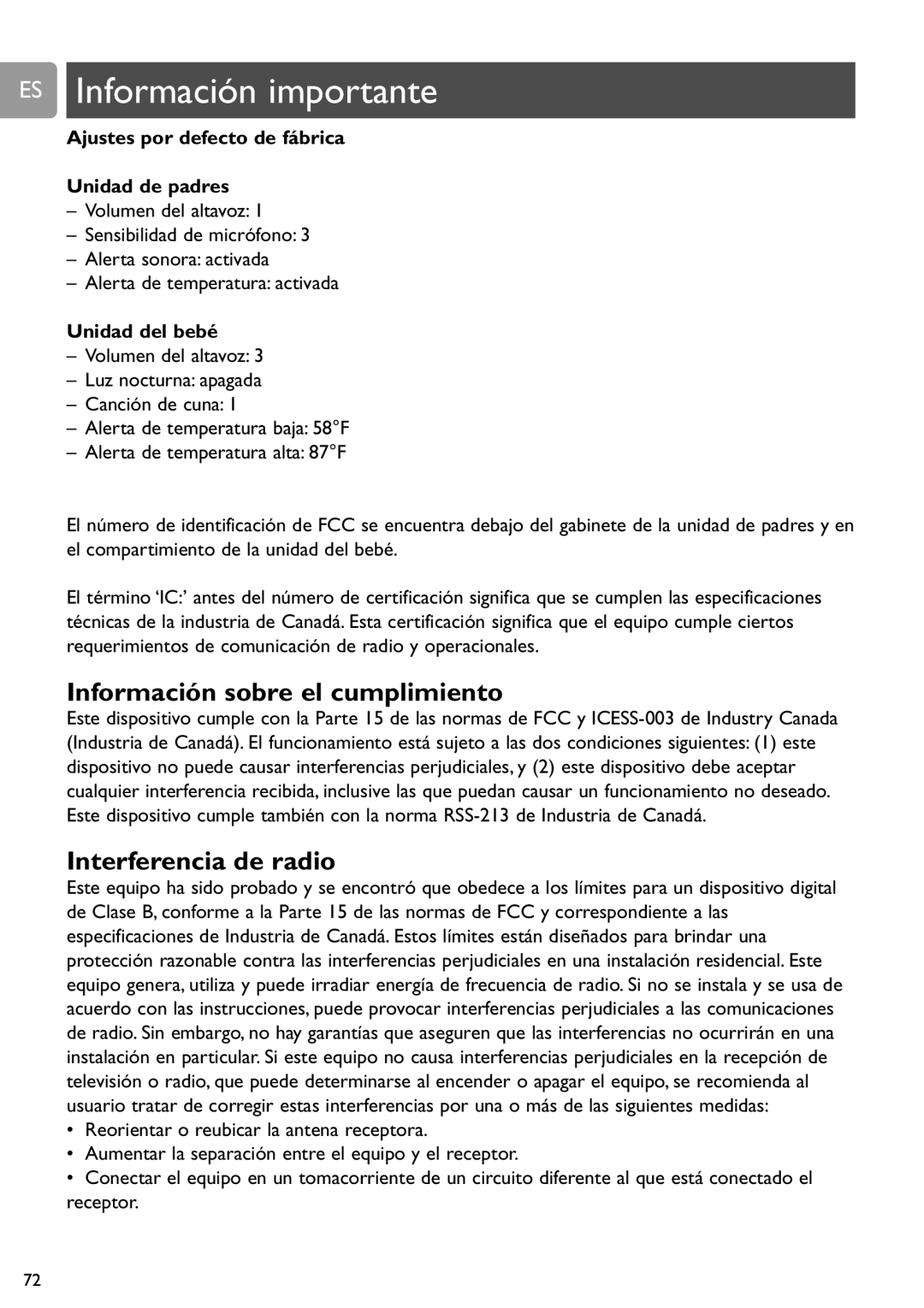 Philips SCD589 Información sobre el cumplimiento, Interferencia de radio, Ajustes por defecto de fábrica Unidad de padres 