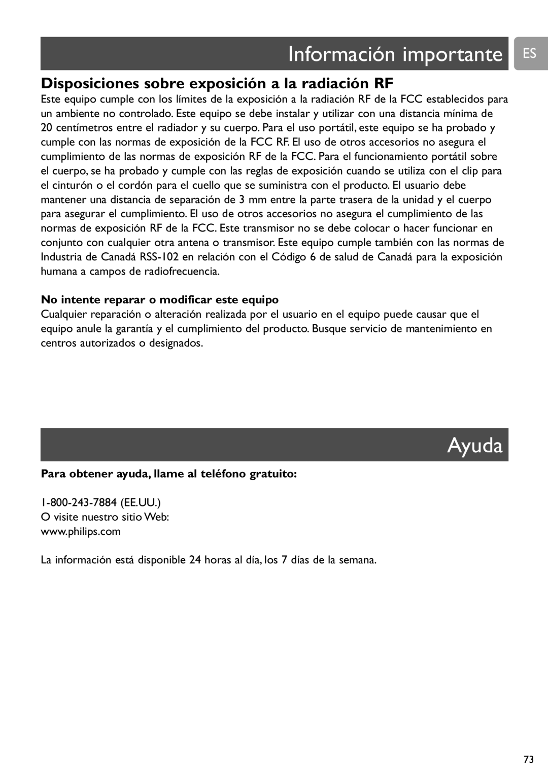 Philips SCD589 Ayuda, Disposiciones sobre exposición a la radiación RF, No intente reparar o modificar este equipo 