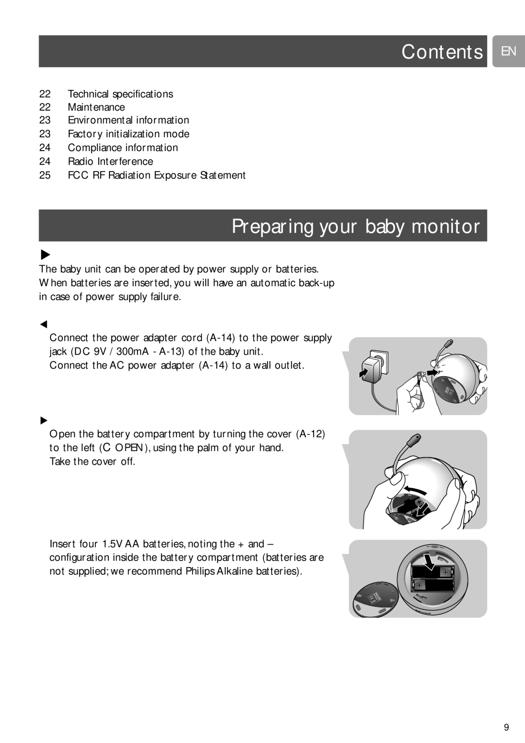 Philips SCD589 user manual Contents EN, Preparing your baby monitor 