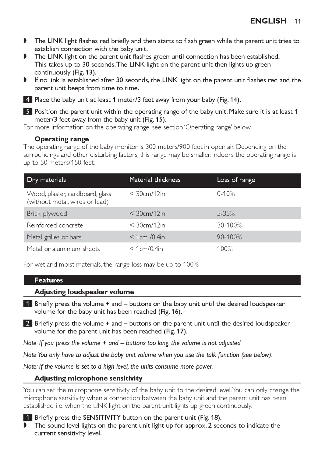 Philips SCD590 manual Operating range, Features, Adjusting loudspeaker volume, Adjusting microphone sensitivity 