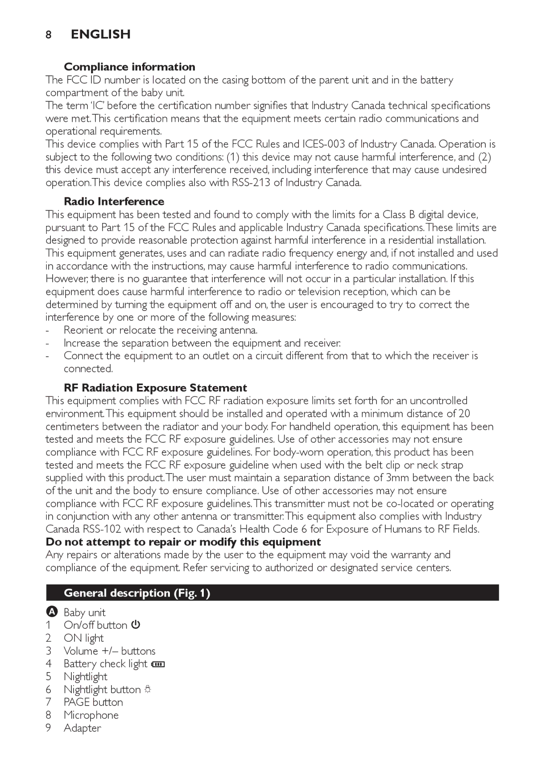 Philips SCD590 manual Compliance information, Radio Interference, RF Radiation Exposure Statement, General description Fig 