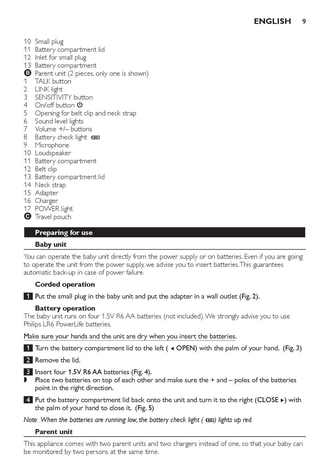 Philips SCD590 manual Preparing for use, Baby unit, Corded operation, Battery operation, Parent unit 
