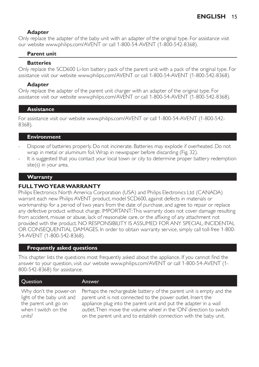 Philips SCD600/10 manual Adapter Parent unit Batteries, Assistance Environment, Warranty, Frequently asked questions 