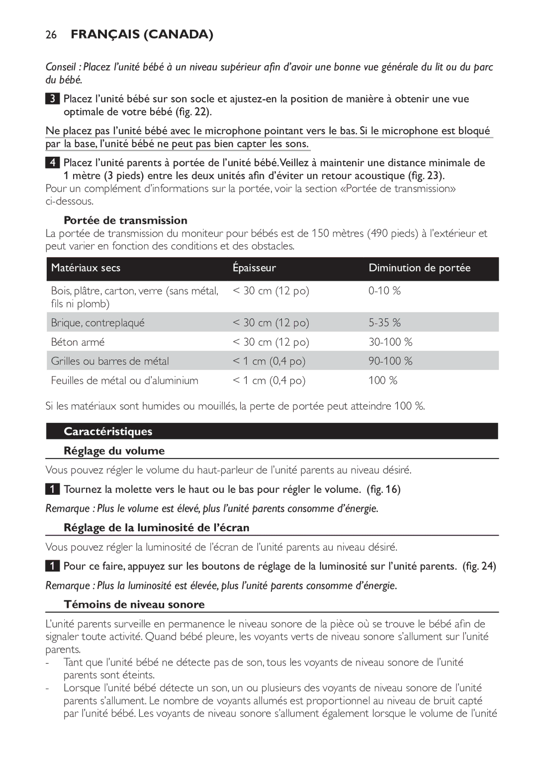 Philips SCD600/10 manual Portée de transmission, Caractéristiques, Réglage du volume, Réglage de la luminosité de l’écran 