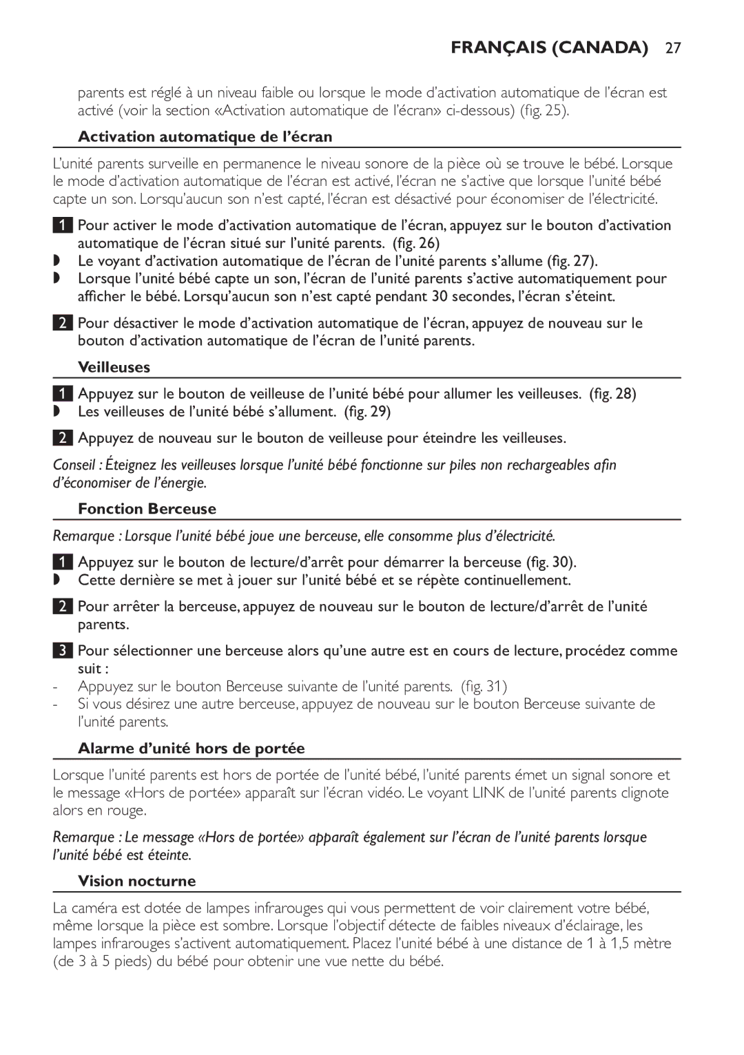 Philips SCD600/10 manual Activation automatique de l’écran, Veilleuses, Fonction Berceuse, Alarme d’unité hors de portée 