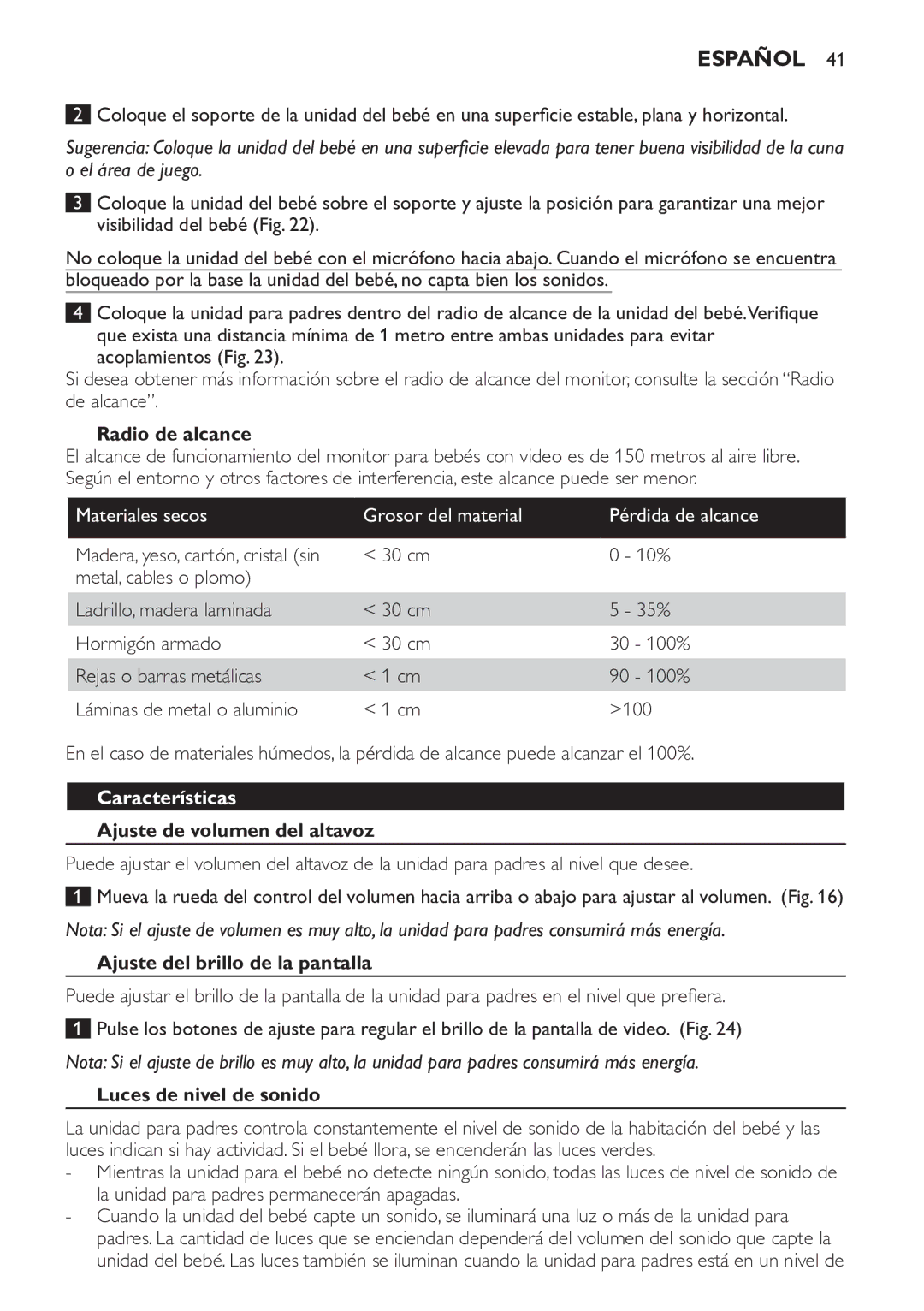 Philips SCD600 manual Radio de alcance, Características, Ajuste de volumen del altavoz, Ajuste del brillo de la pantalla 