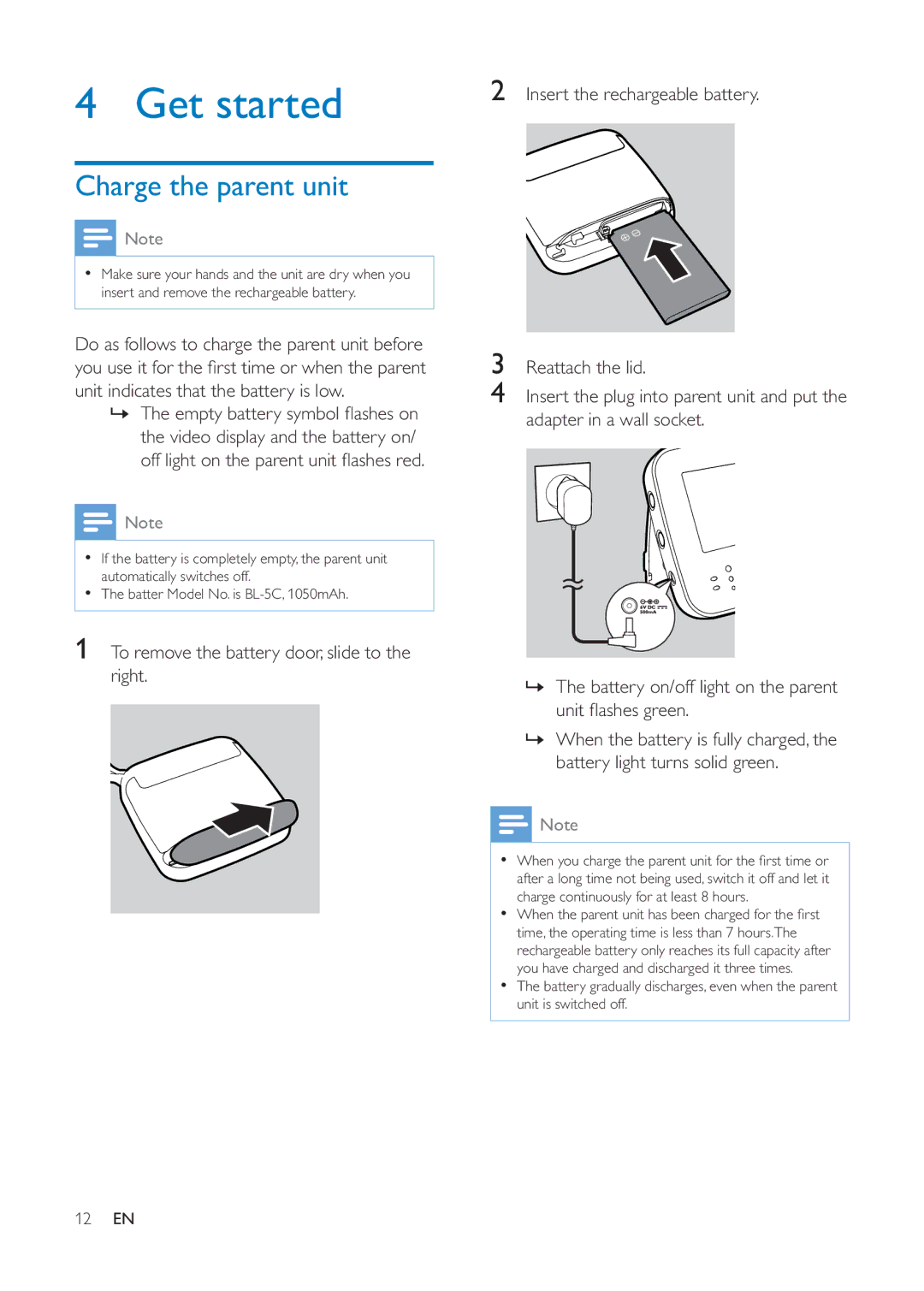 Philips SCD609, SCD610 user manual Get started, Charge the parent unit 