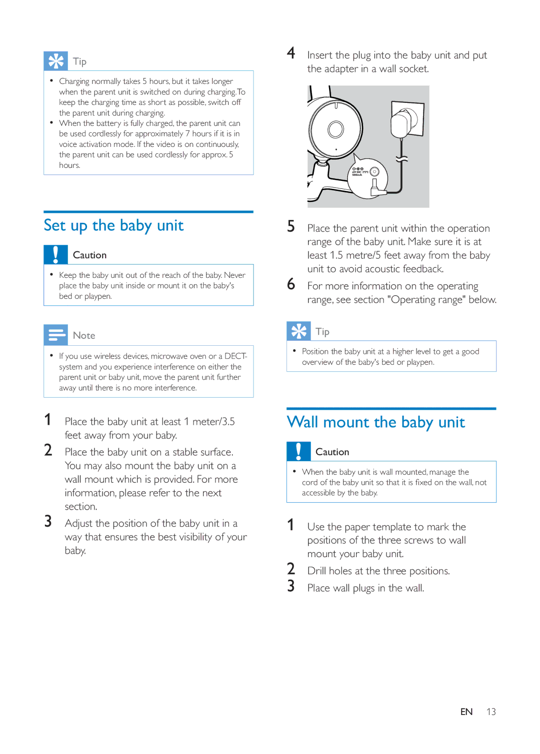 Philips SCD610, SCD609 user manual Set up the baby unit, Wall mount the baby unit 