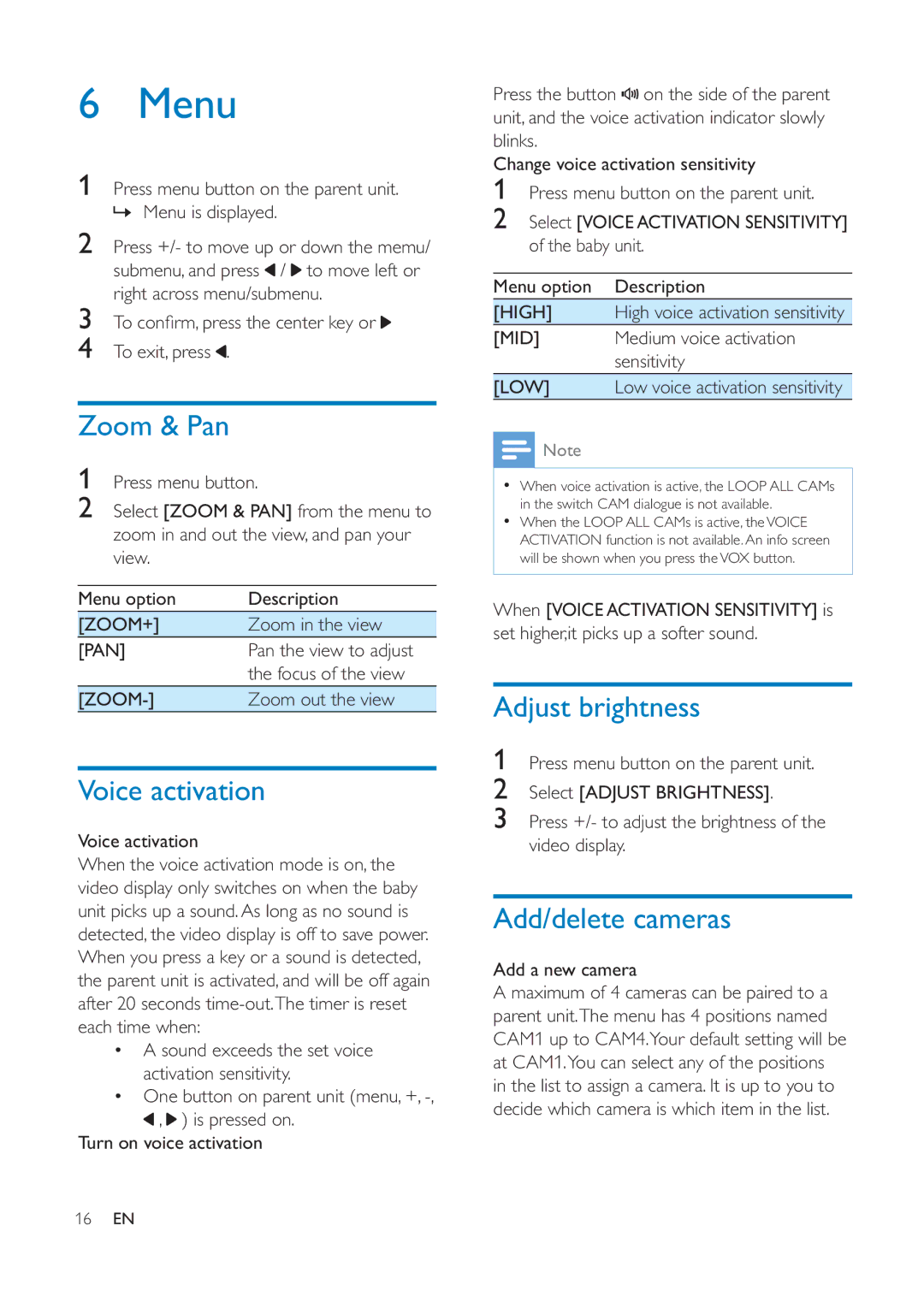 Philips SCD609, SCD610 user manual Menu, Zoom & Pan, Voice activation, Adjust brightness, Add/delete cameras 