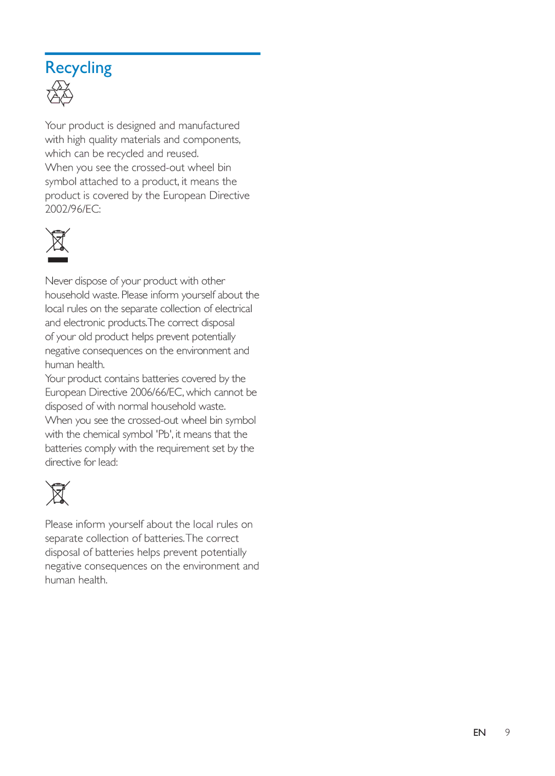 Philips SCD610, SCD609 user manual Recycling 